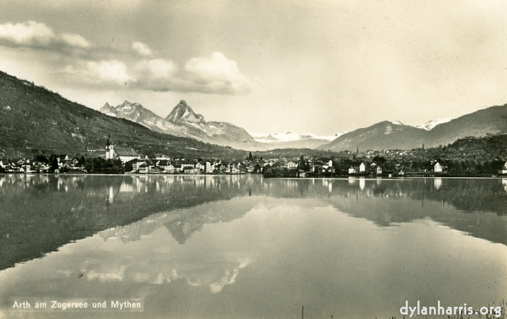 image: Postcard: Arth am Zugersee und Mythen [[ Lake Zug and Arth. Goldau in right distance. ]]
