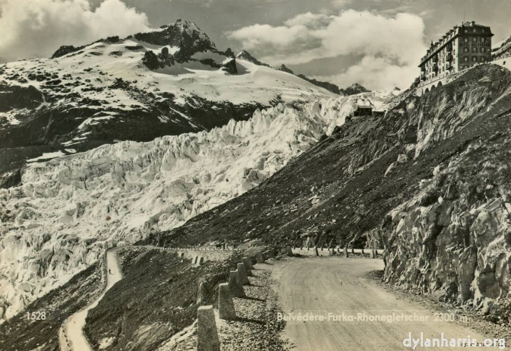 image: Postcard: Belvédère-Furka-Rhonegletscher 2300 m [[ The Rhone Glacier and Hotel Belvedere 7,540 feet. ]]