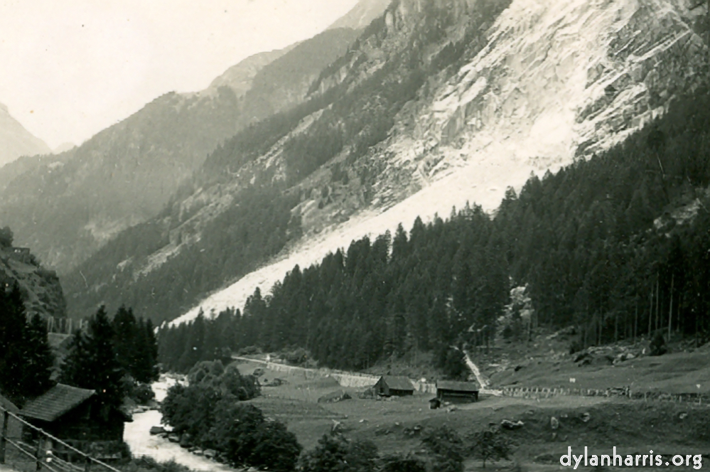 image: Looking Northwards down Reuss Valley, shewing a landslide from train at Gunthellan