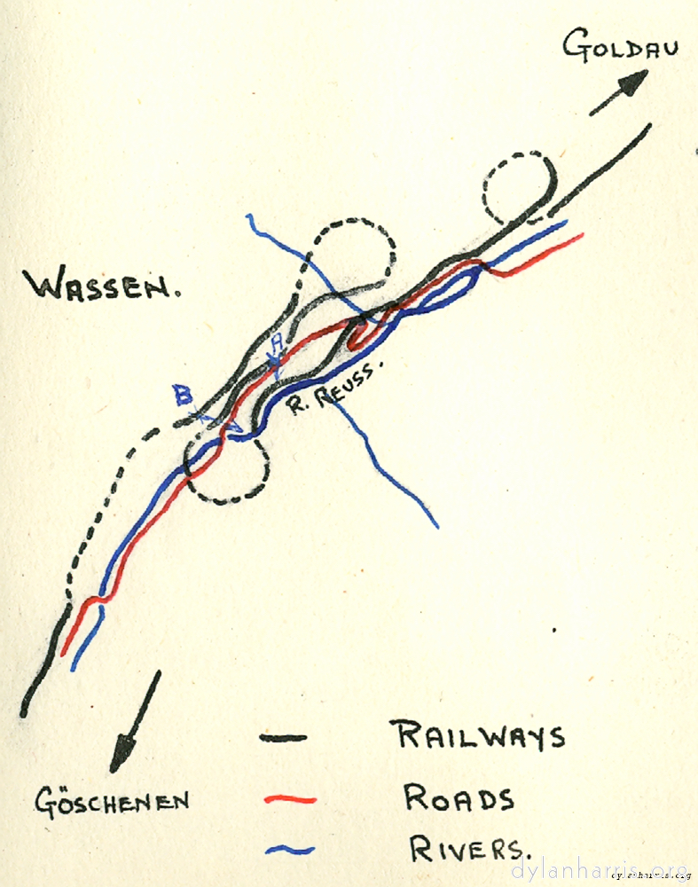image: Sketch of how the Gotthard Railway climbs the Valley at Wassen.