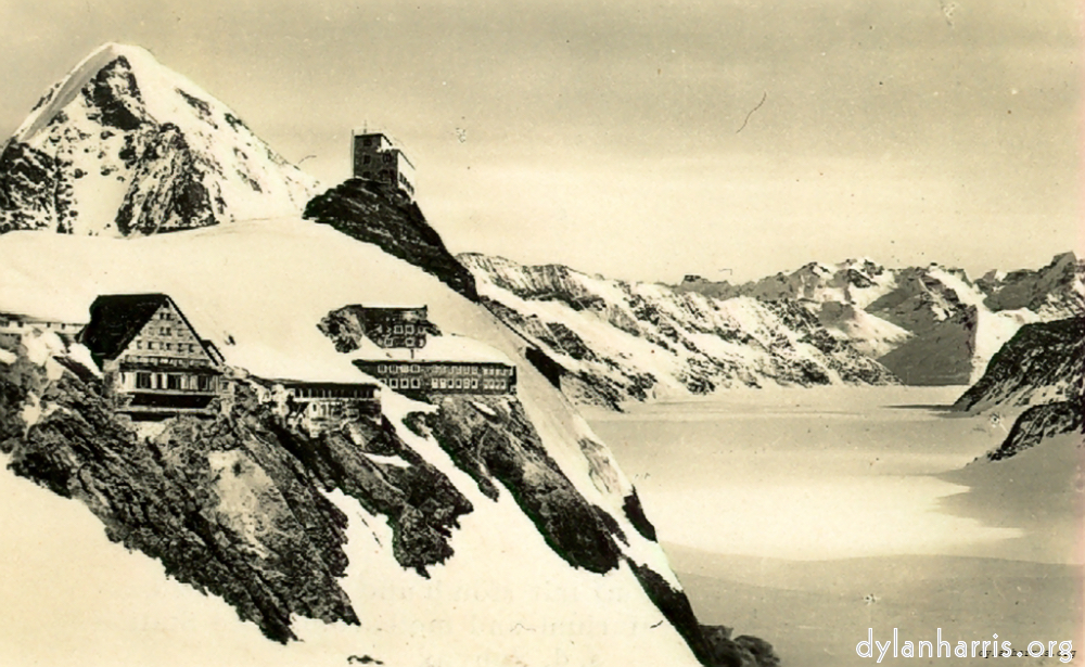 image: Postcard [[ Jungfrauhoch, 11,300ft, with Mënch and Aletschgletschen, Berghaus Observaterium and Meteorological Station. ]]
