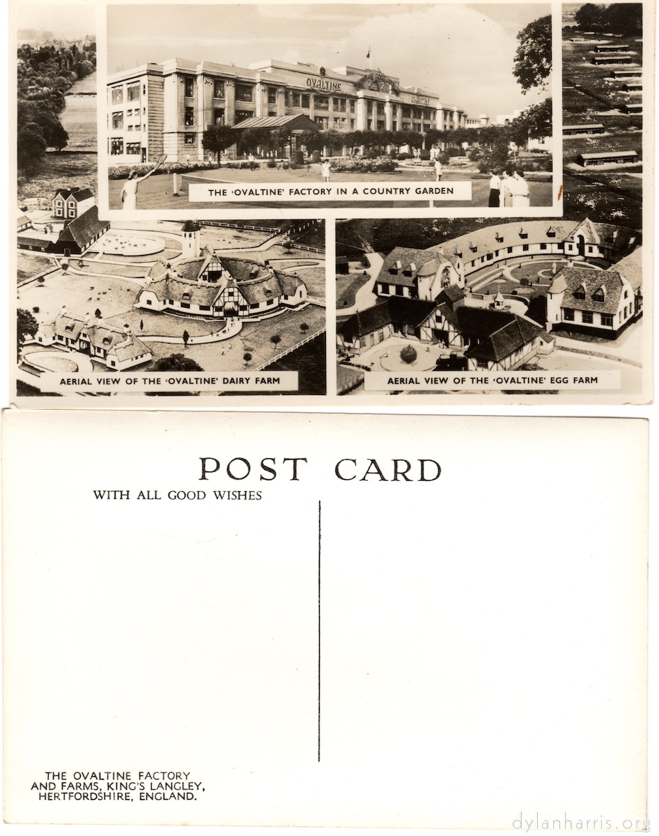 image: The ‘Ovaltine’ factory in a country garden; aerial view of the ‘Ovaltine’ dairy farm; aerial view of the ‘Ovaltine’ egg farm; post card; with all good wishes; the ovaltine factory and farms, king’langley, hertfordshire, england.