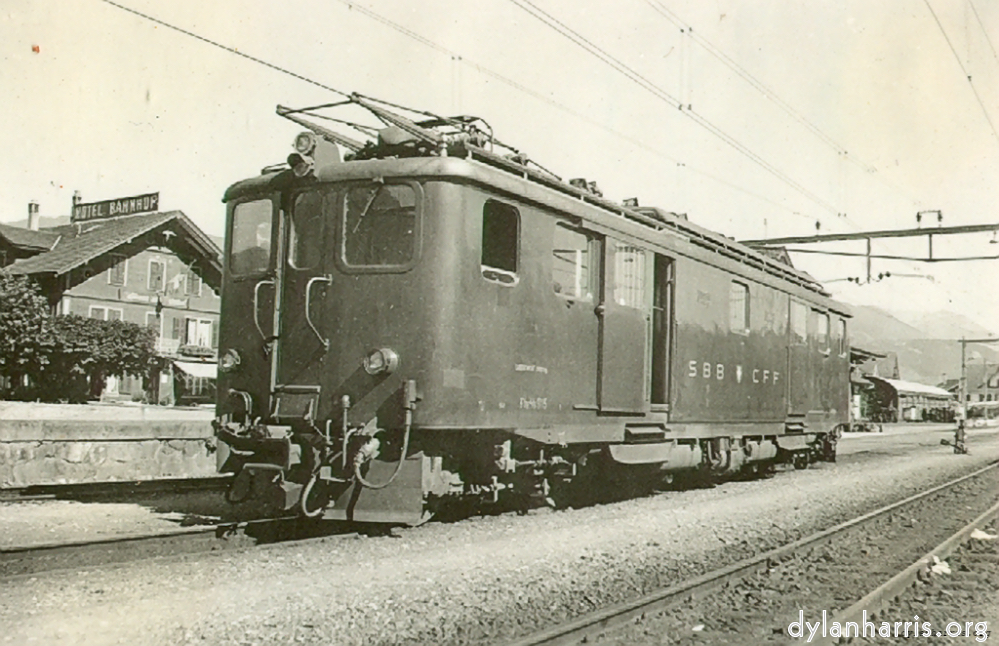 Metric Gauge Rack / Normal Electric Loco at Meiringen. Used on Interlaken - Meiringin - Giswil - etc. line. Photograph by Ray Burrows. 25 August 1948.