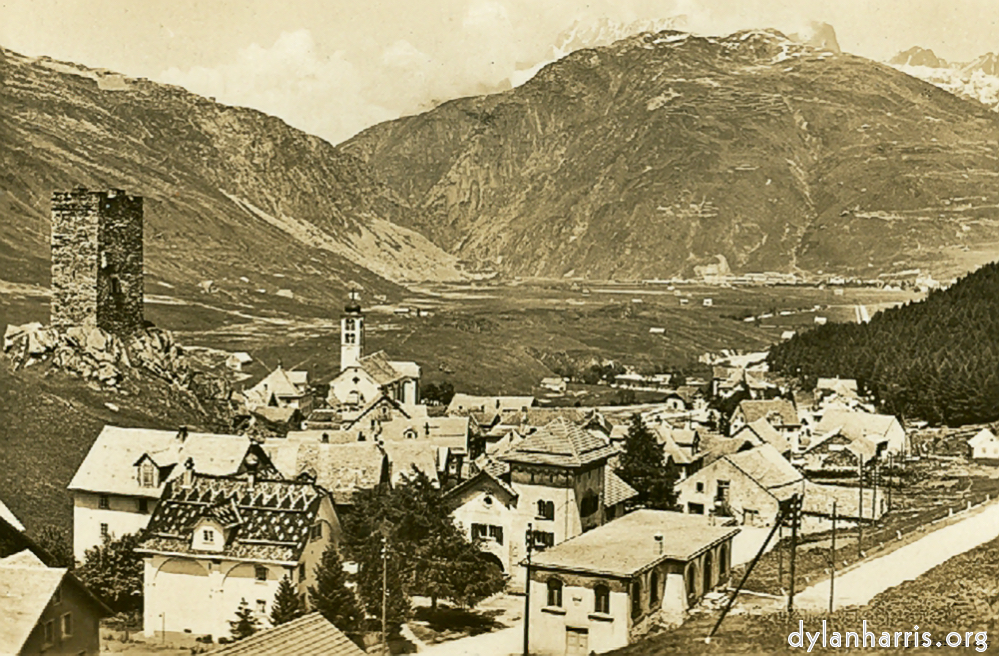 image: Postcard [[ Hospenthal, towards Andermatt, St. Gotthard Road in foreground. ]]