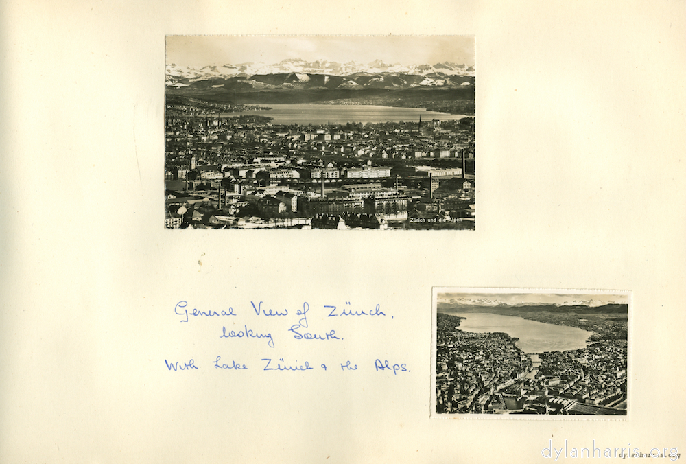 image: General view of Zürich looking South. With Lake Zürich en the Alps.